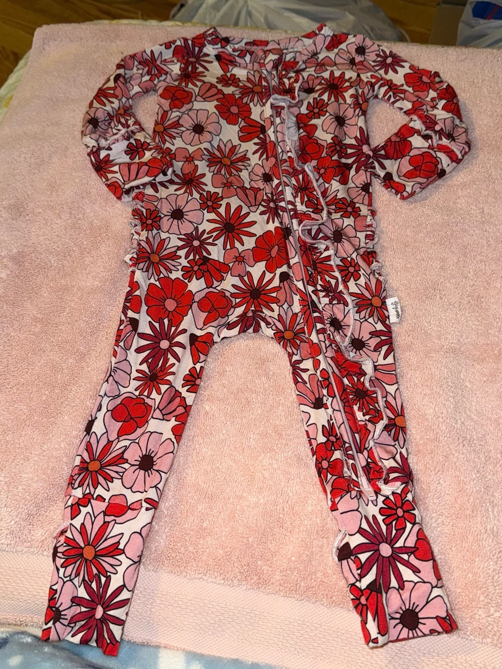 Gigi and Max Baby Girls Size 3-6 months Red Floral Ruffle Zip Bamboo Pajamas